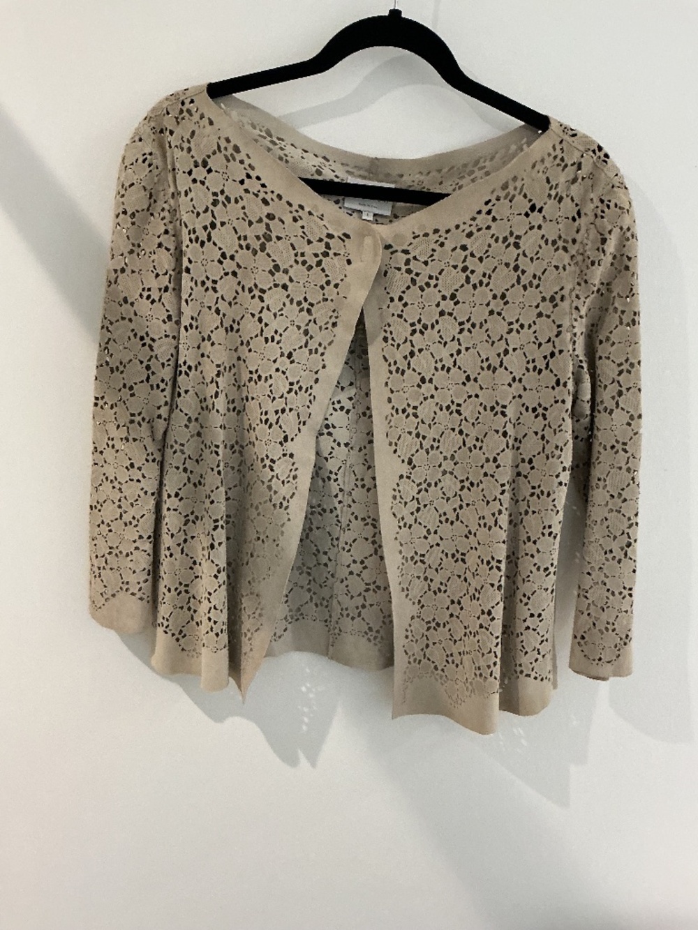 VTG Armani Collezioni Perforated Suede Open Front Jacket Beige IT 44 US 8